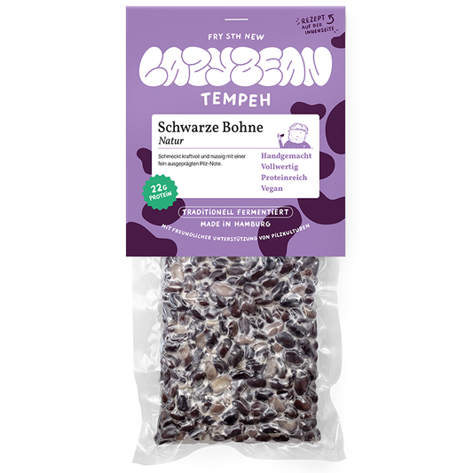 Produktfoto Vorderseite: Schwarze-Bohnen-Tempeh von Lazybean, handgemacht in Hamburg, vegan und proteinreich