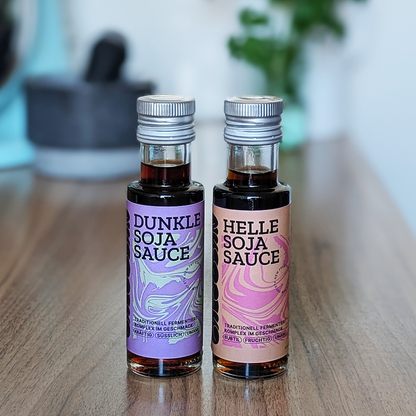 Lazybean Sojasauce hell und dunkel 100ml Frontal — unpasteurisiert