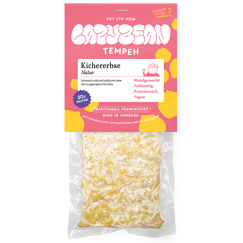 Produktfoto Vorderseite: Kichererbsen-Tempeh von Lazybean, handgemacht in Hamburg, vegan und proteinreich