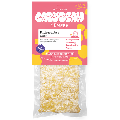 Produktfoto Vorderseite: Kichererbsen-Tempeh von Lazybean, handgemacht in Hamburg, vegan und proteinreich
