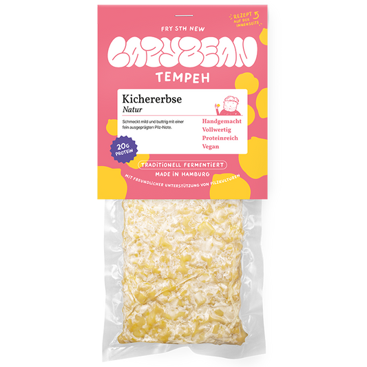 Produktfoto Vorderseite: Kichererbsen-Tempeh von Lazybean, handgemacht in Hamburg, vegan und proteinreich