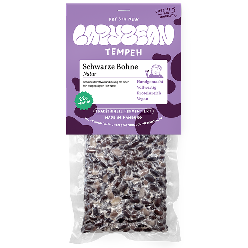 Produktfoto Vorderseite: Schwarze-Bohnen-Tempeh von Lazybean, handgemacht in Hamburg, vegan und proteinreich