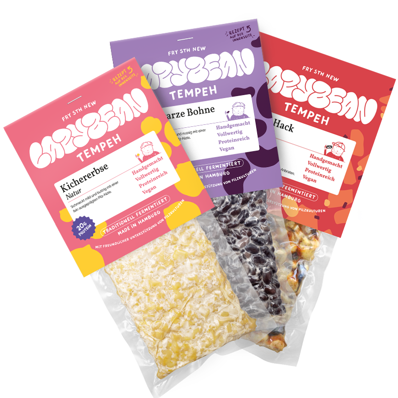 Veganes Tempeh Starter-Set von Lazybean: Kichererbsen-Tempeh, Schwarze-Bohnen-Tempeh und mediterran marinierter Lazy-Hack-Variante