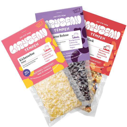 Veganes Tempeh Starter-Set von Lazybean: Kichererbsen-Tempeh, Schwarze-Bohnen-Tempeh und mediterran marinierter Lazy-Hack-Variante